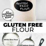 Two photos of gluten free flour with text overlay between them.