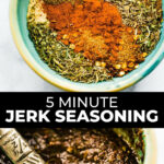 Two jerk seasoning photos with text between them.