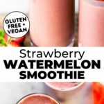 Two frozen watermelon smoothie photos with text lay between them.