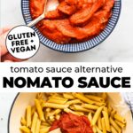 Two photos of Nomato sauce with text overlay between them.