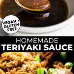 Two photos of teriyaki sauce and chicken teriyaki casserole with text overlay between them.