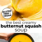 Two photos of vegan butternut squash soup with text overlay between them.