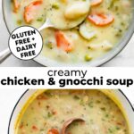 Two photos of gluten free chicken and gnocchi soup with text overlay between them.