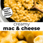 Two photos of gluten free mac and cheese with text overlay between them.