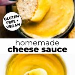 Two photos of vegan cheese sauce with text overlay between them.
