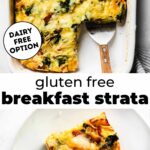 Two photos of gluten free strata casserole with text overlay between them.