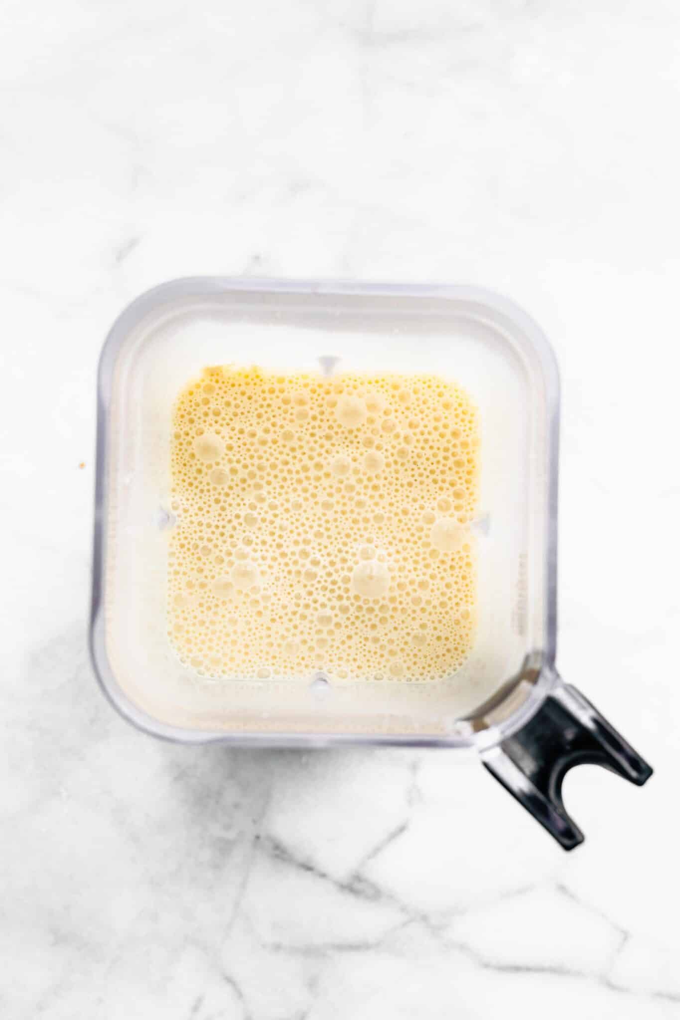 Overhead photo of gluten free Swedish Pancakes batter in a blender.