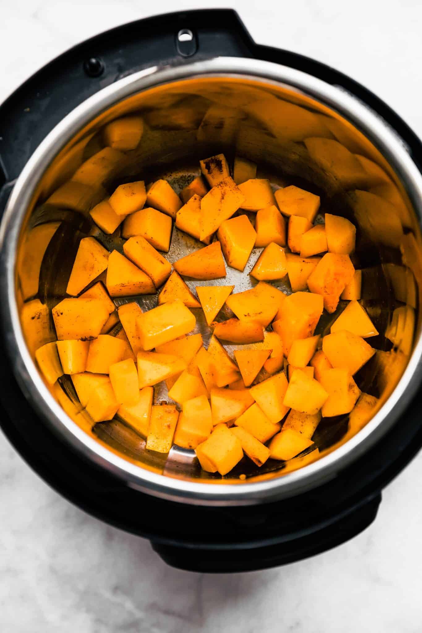Overhead photo of roasted butternut squash in an Instant Pot.