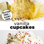 Two photos of gluten free vanilla cupcakes with text overlay between them.