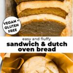 Two photos of gluten free vegan bread with text overlay between them.