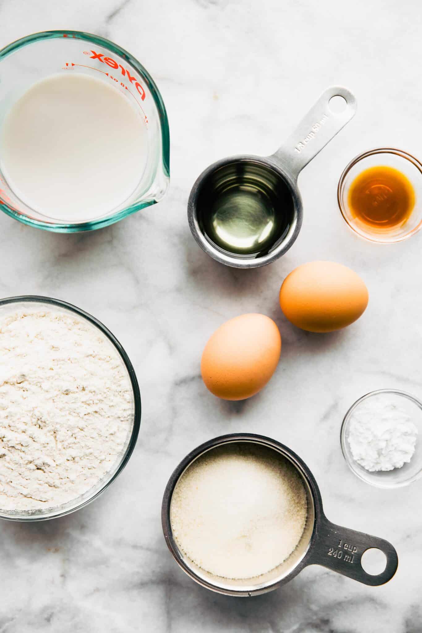 Gluten free flour, monk fruit sweetener, eggs, oil, and vanilla for gluten free cupcakes.