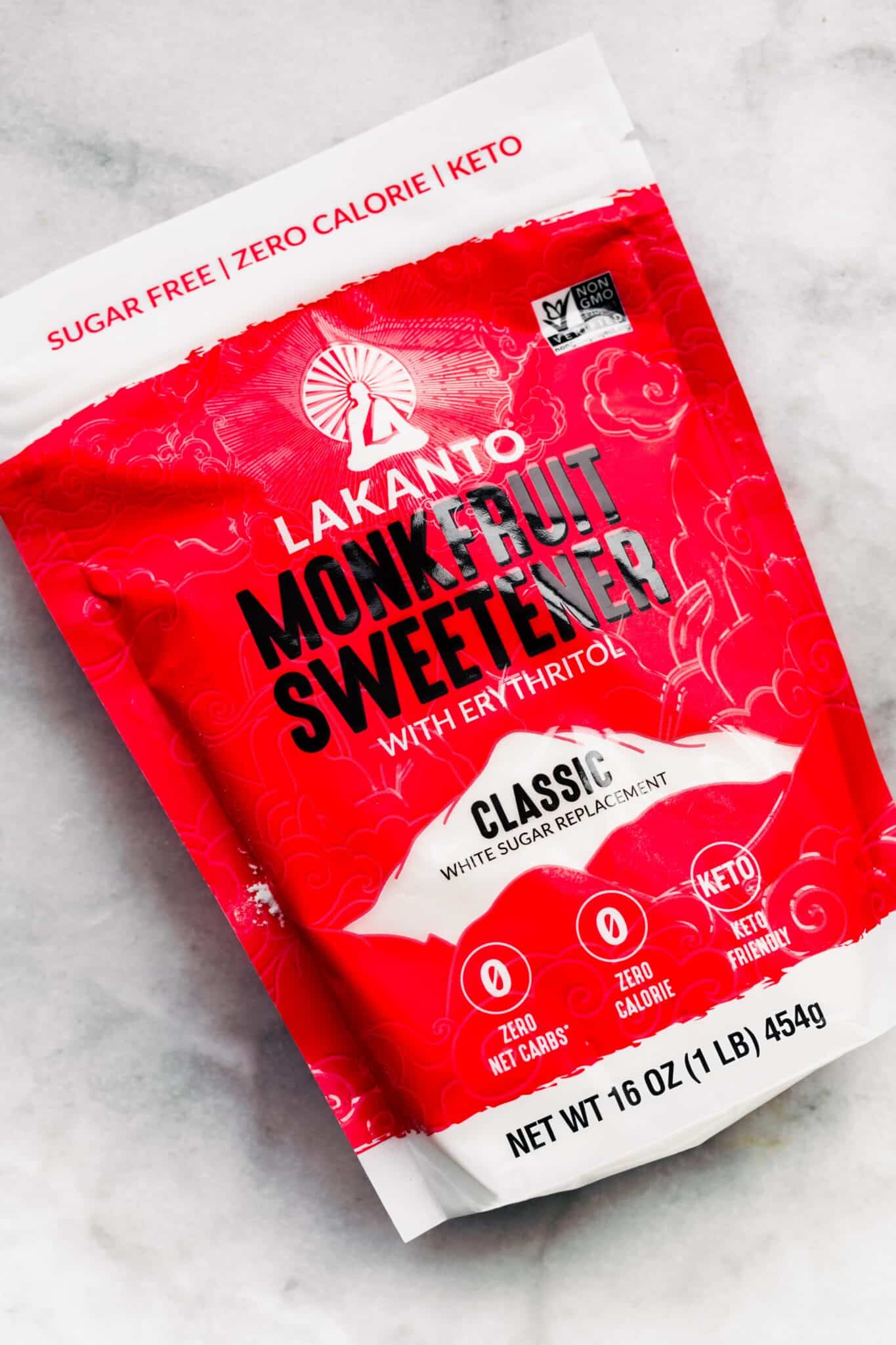 Lakanto classic monkfruit sweetener bag on a white marble countertop.