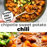 Two photos of chipotle sweet potato chili with text overlay between them.