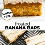 Two photos of frosted banana bars with text overlay between them.