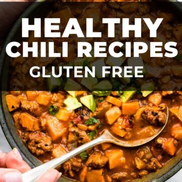 Bowl of chili with spoon in it. Text overlay HEALTHY CHILI RECIPES.