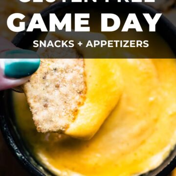 cracker in cheese dip. gluten free game day snacks banner.