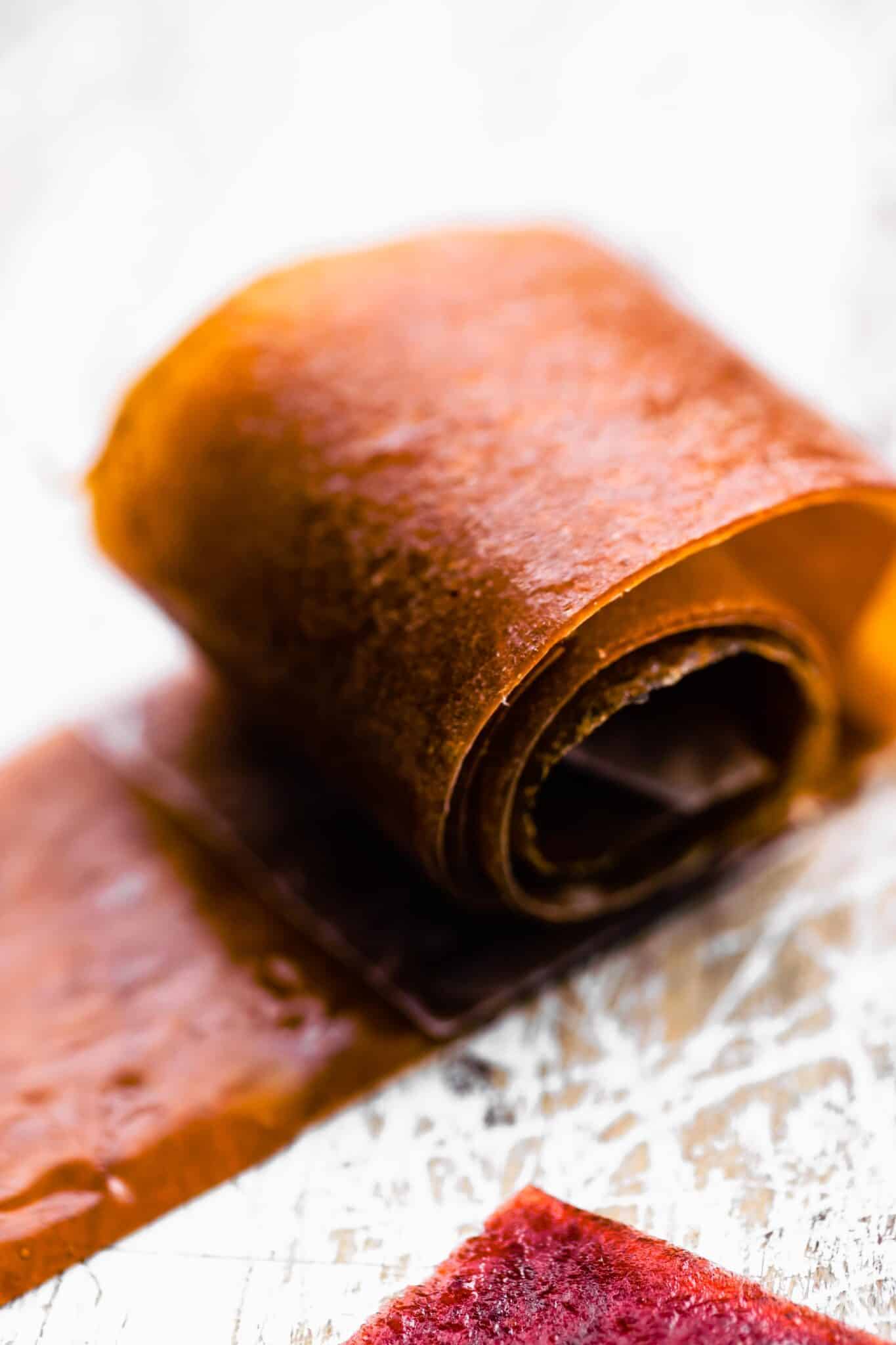 Up close photo of a homemade fruit roll up.