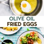 Eggs cooked in olive oil with a text overlay for pinterest.