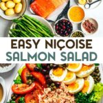 Ingredients for and a salmon nicoise salad with a text overlay for pinterest.
