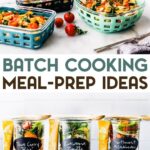 Gluten-free meal prep recipes in storage containers with a text overlay for Pinterest.