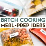 Gluten-free meal prep recipes in reusable freezer bags with a text overlay for Pinterest.