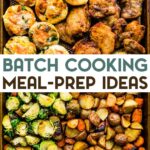 A sheet tray of Gluten-free meal prep recipes (breakfast egg muffins, chicken thighs, and roasted veggies) with a text overlay for Pinterest.